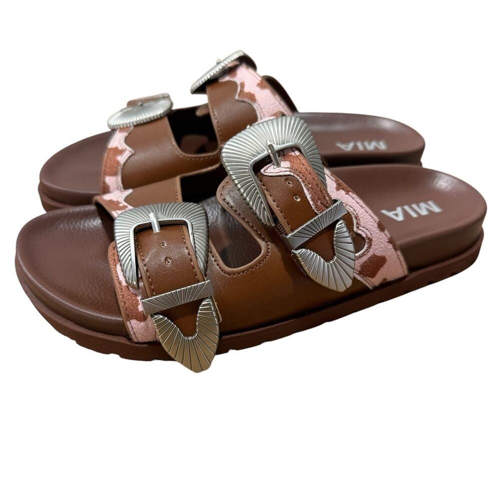 MIA Tibby Western Cow Print Double Buckle Slide Sandals Brown Pink Size 7
